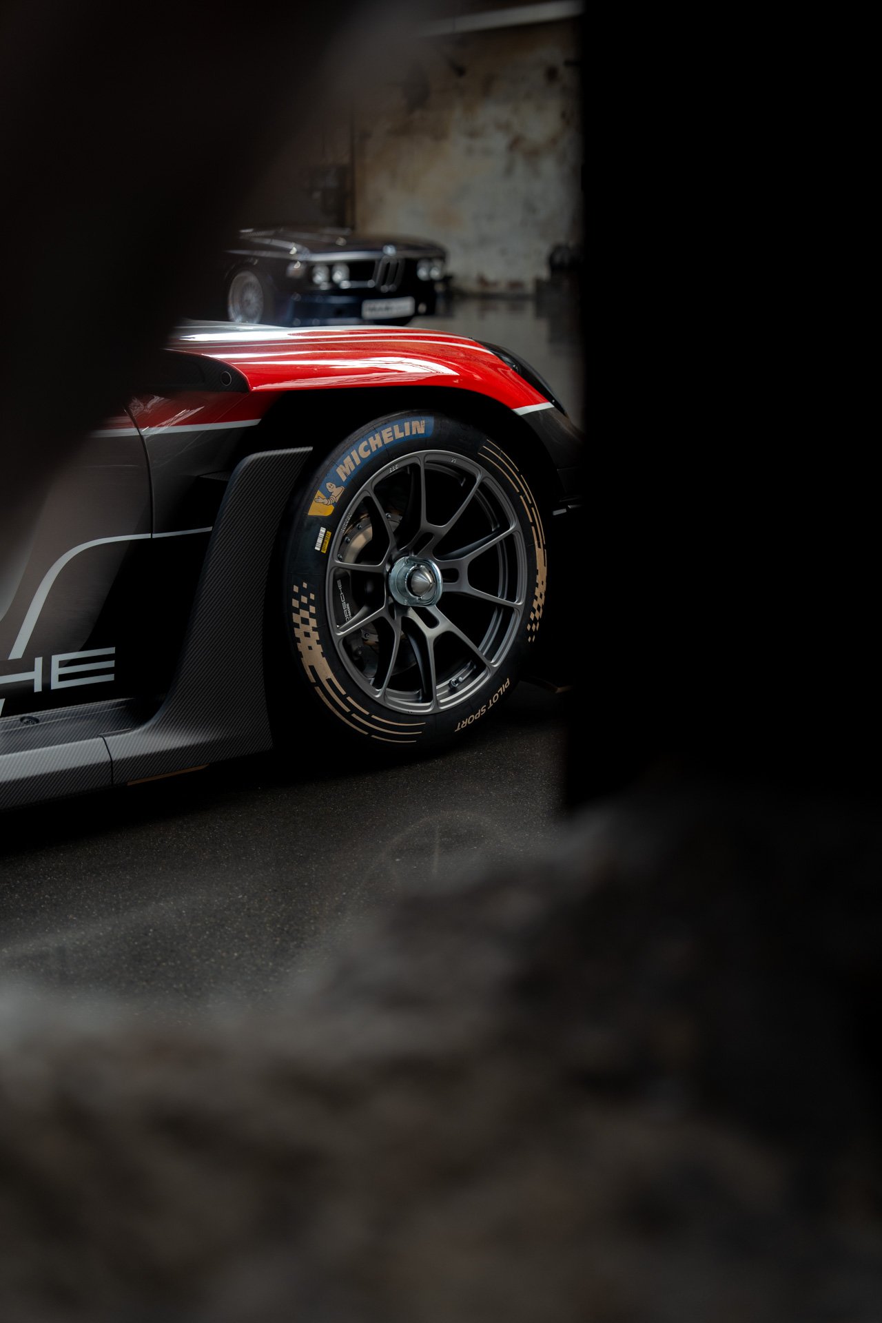 Through shot of Porsche front wheels.