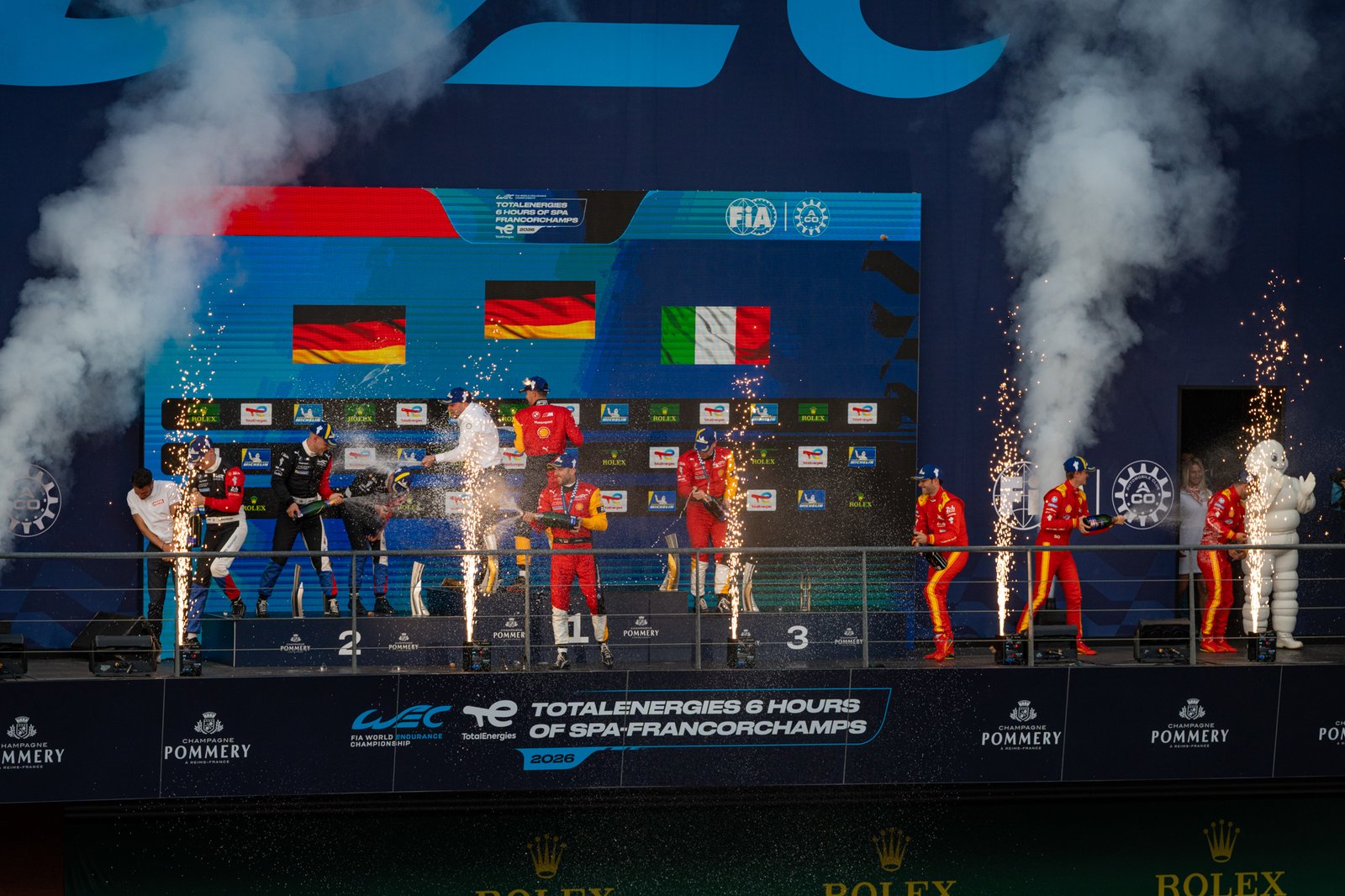 Podium celebrations, fireworks, champagne everywhere. 2026 Spa Francorchamps